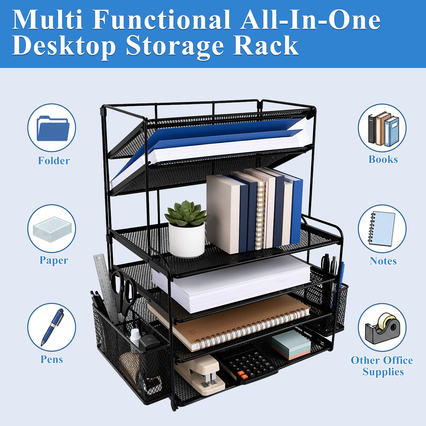 punada Desk Organizer with File Holder, 6 Tier Metal Desktop File Organizer with Pen Holders and Mesh Trays for Home, Office and Workspace