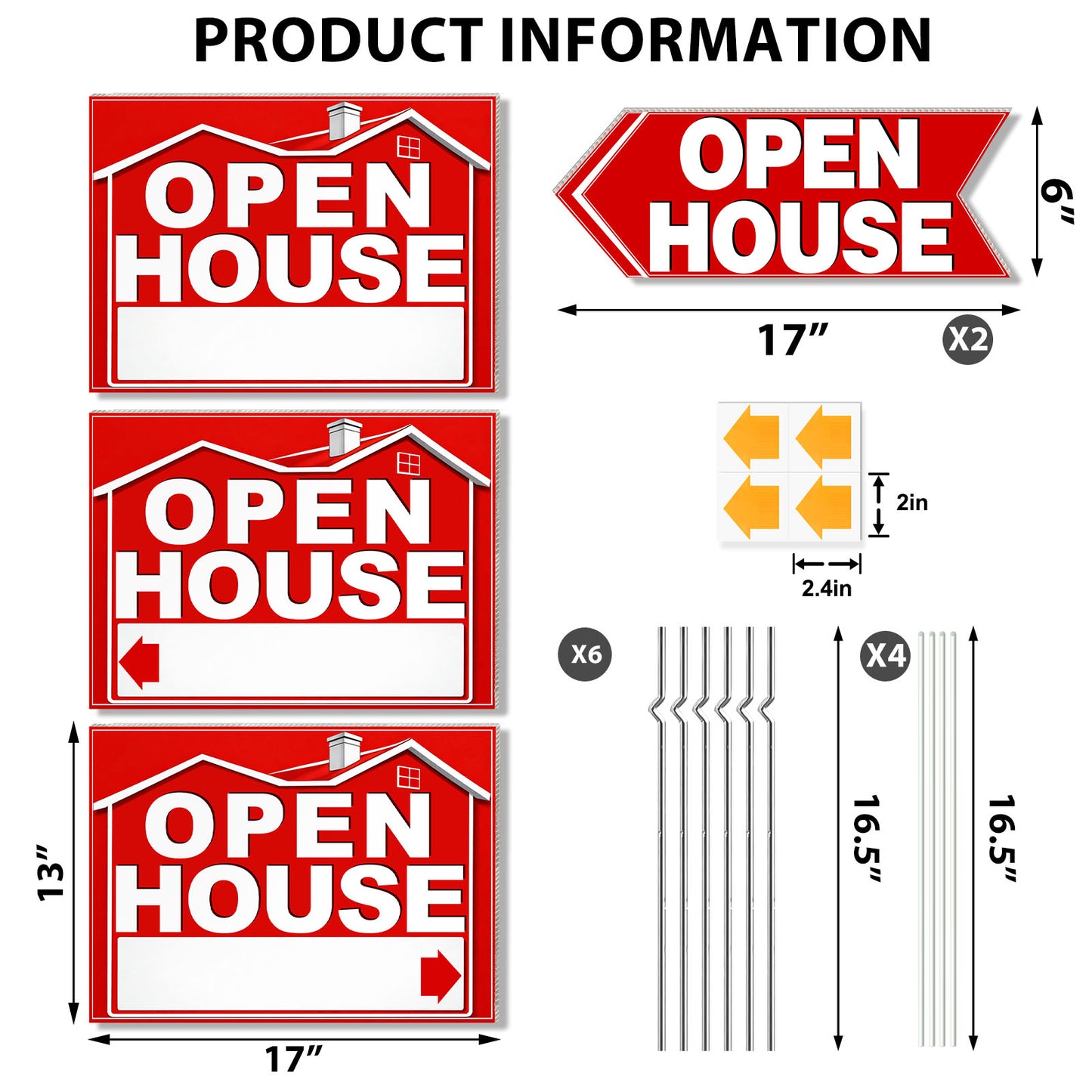 punada Open House Signs for Real Estate, 3 Pcs 17 x 13 inch and 2 Pcs 17 x 6 Inch Double-Sided Waterproof Open House Signs with Metal Stakes and Arrow Stickers for Realtor Sales