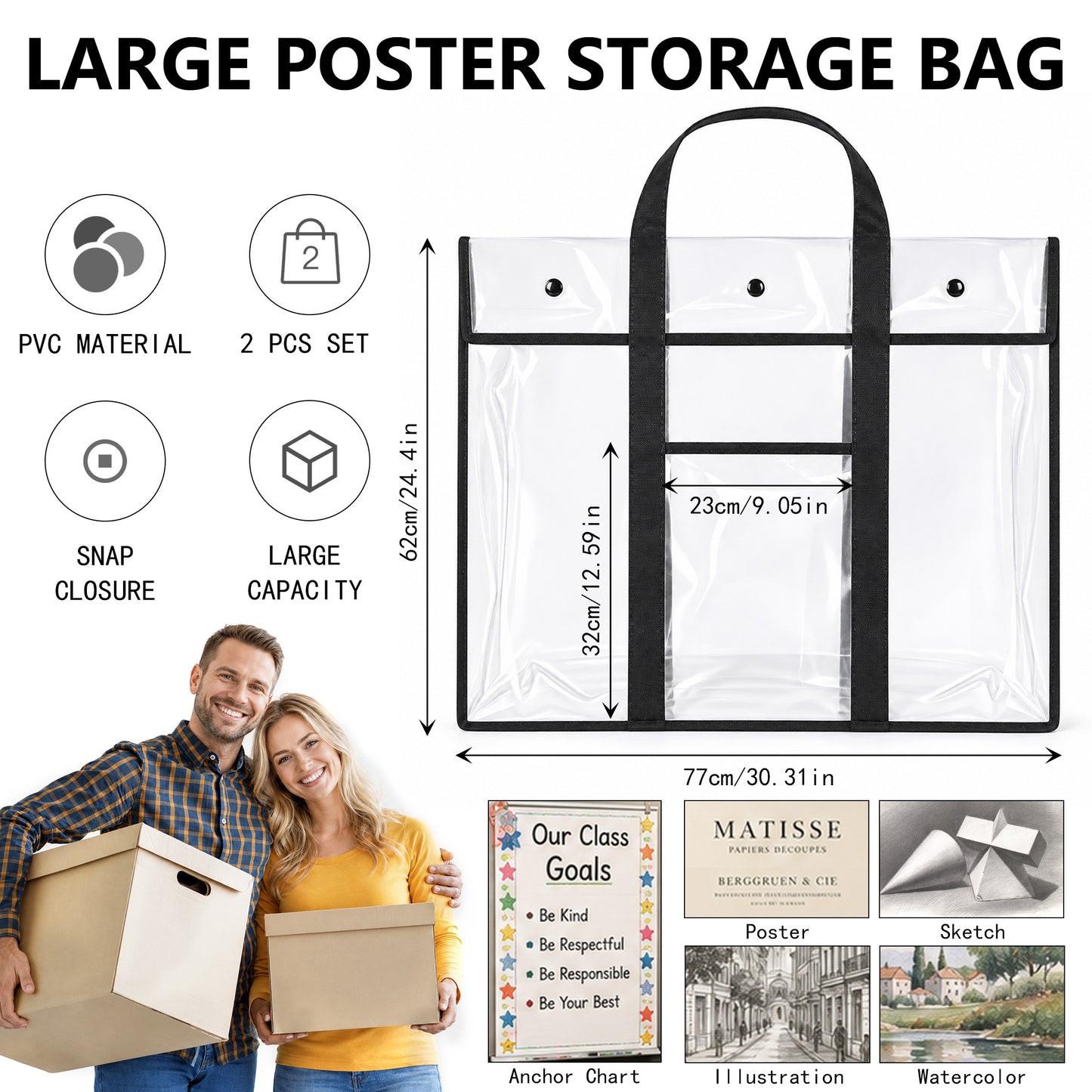punada 2 Pack Large Art Portfolio Bag, 30.31 x 24.4 Inch Poster Storage Bag with Handle and Pocket for Artwork, Anchor Charts & Classroom Organization