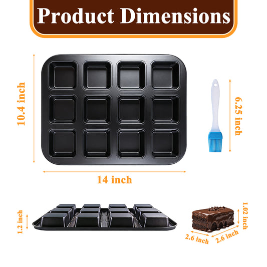 punada Brownie Pan with Dividers, 2 Pack 12-Cavity Nonstick Carbon Steel Square Muffin Pan, All Edges Design Baking Tray for Crispy Corner Brownies, Cupcakes and Cookies