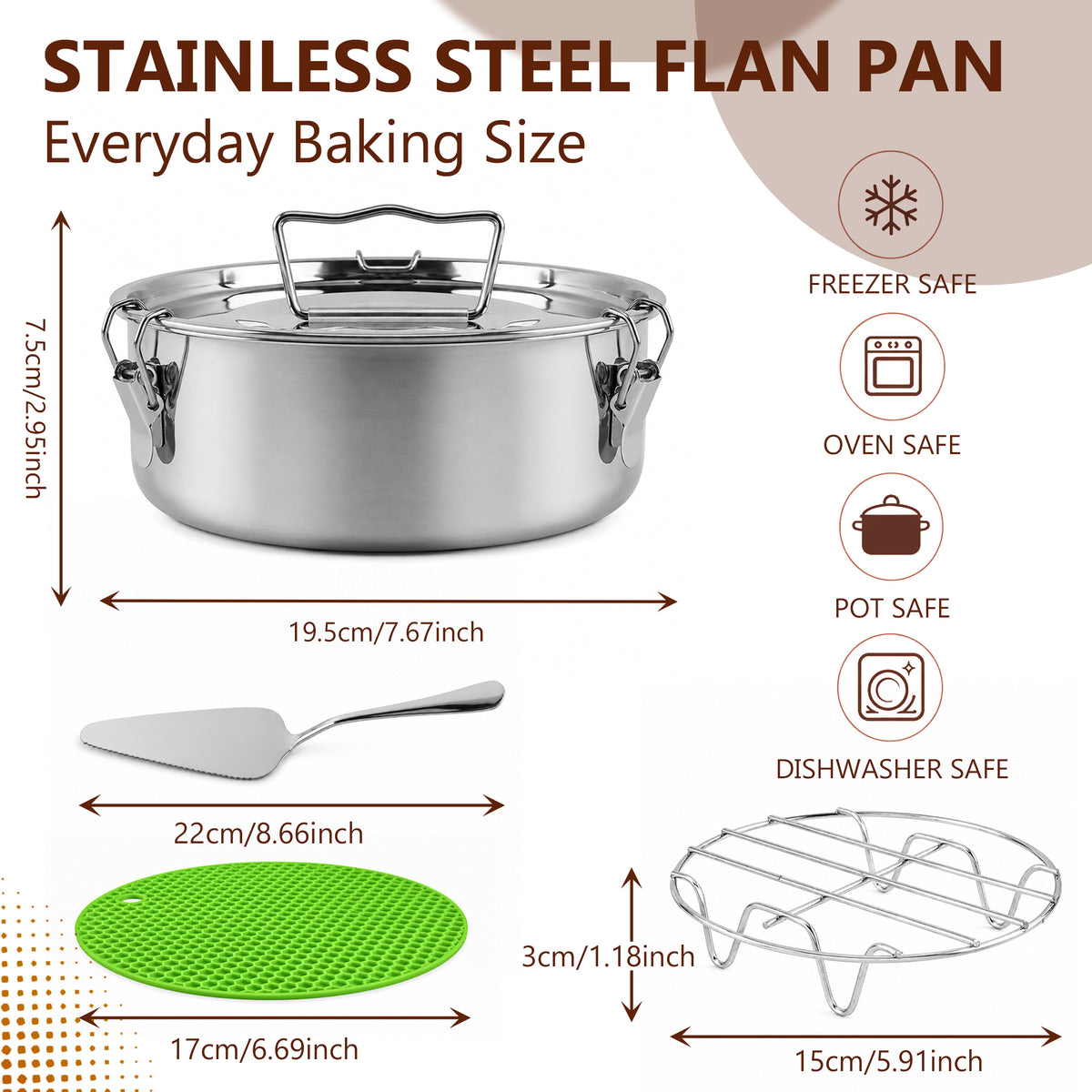 punada Stainless Steel Flan Mold, 304 Flanera Flan Pan with Lid and Handle, 1.5 QT Round Flan Molds for Baking Cheesecake Flan Pudding, Compatible with Pot 6QT/8QT