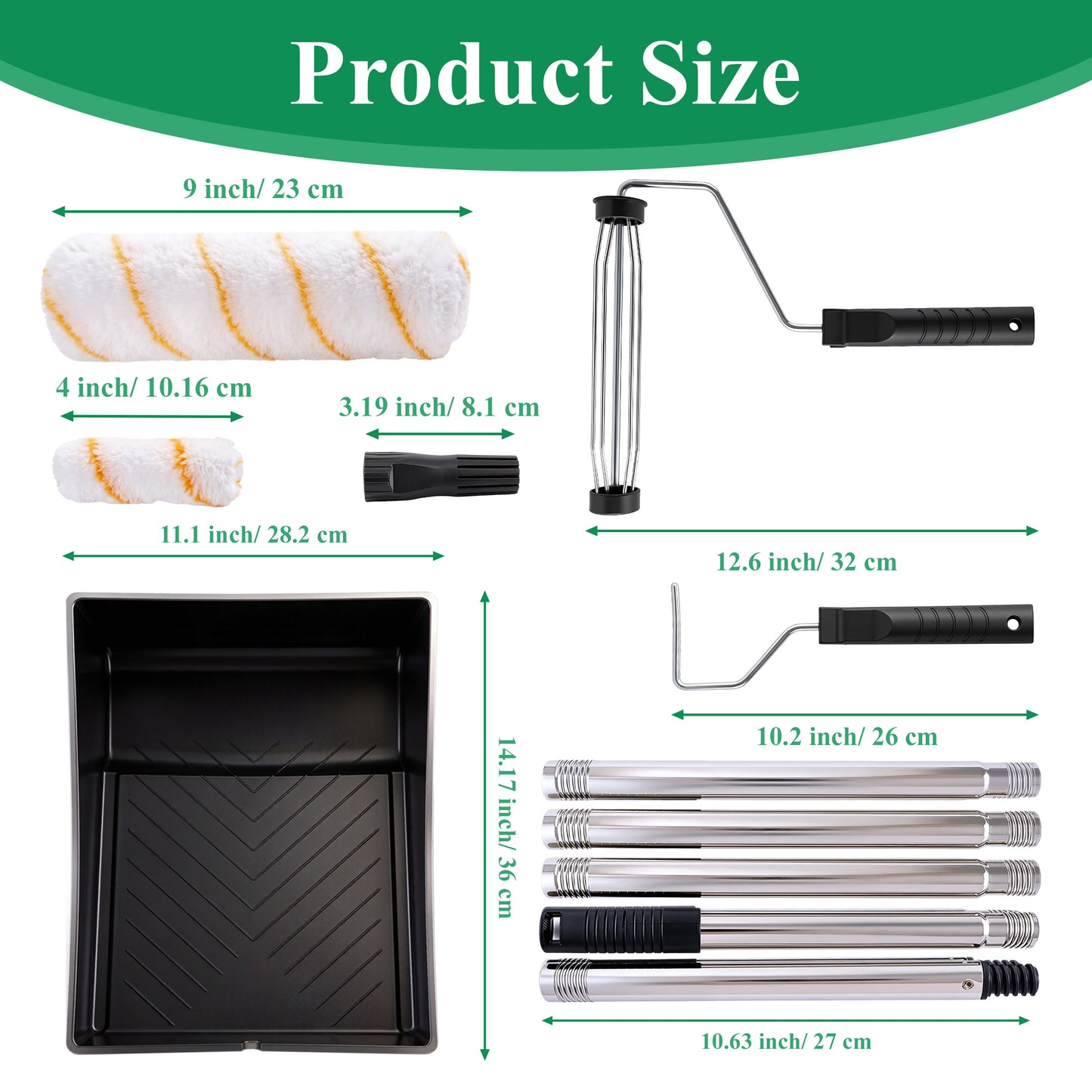 punada 5 FT Paint Roller Kit with Extension Pole, 9 Inch Paint Roller with Tray, 4 Inch Small Paint Roller, 4 FT Stainless Steel Pole, 10 Piece Painting Tool Set Suitable for House & Wall Painting