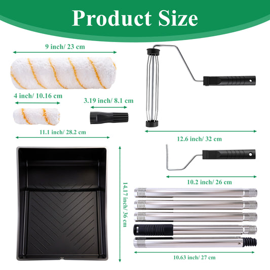 punada 5 FT Paint Roller Kit with Extension Pole, 9 Inch Paint Roller with Tray, 4 Inch Small Paint Roller, 4 FT Stainless Steel Pole, 10 Piece Painting Tool Set Suitable for House & Wall Painting