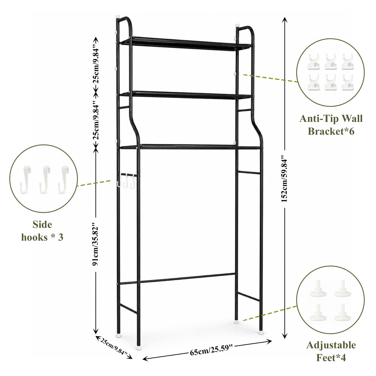 punada Bathroom Over The Toilet Storage Rack, 3-Tier Metal Bathroom Organizer Shelf Above Toilet with 3 Hooks, Freestanding Shelf Space Saver for Bathroom, Black, 59.84" H