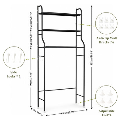 punada Bathroom Over The Toilet Storage Rack, 3-Tier Metal Bathroom Organizer Shelf Above Toilet with 3 Hooks, Freestanding Shelf Space Saver for Bathroom, Black, 59.84" H