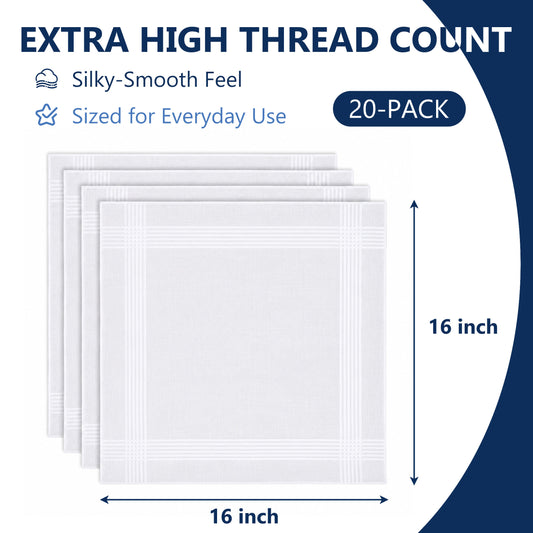 punada 20 pack White Handkerchiefs for Men, Soft Cotton Classic Mens Hankies, Reusable Pocket Handkerchiefs for Daily Use, 16x16 inch Suit Pocket Mens Handkerchiefs Cotton