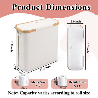 punada Toilet Paper Storage Basket with Lid, Bathroom Toilet Paper Organizer Holds up to 12 Regular Rolls or 9 Mega Rolls, Foldable Bathroom Storage Bin with Handle and Non-Slip Base, Beige