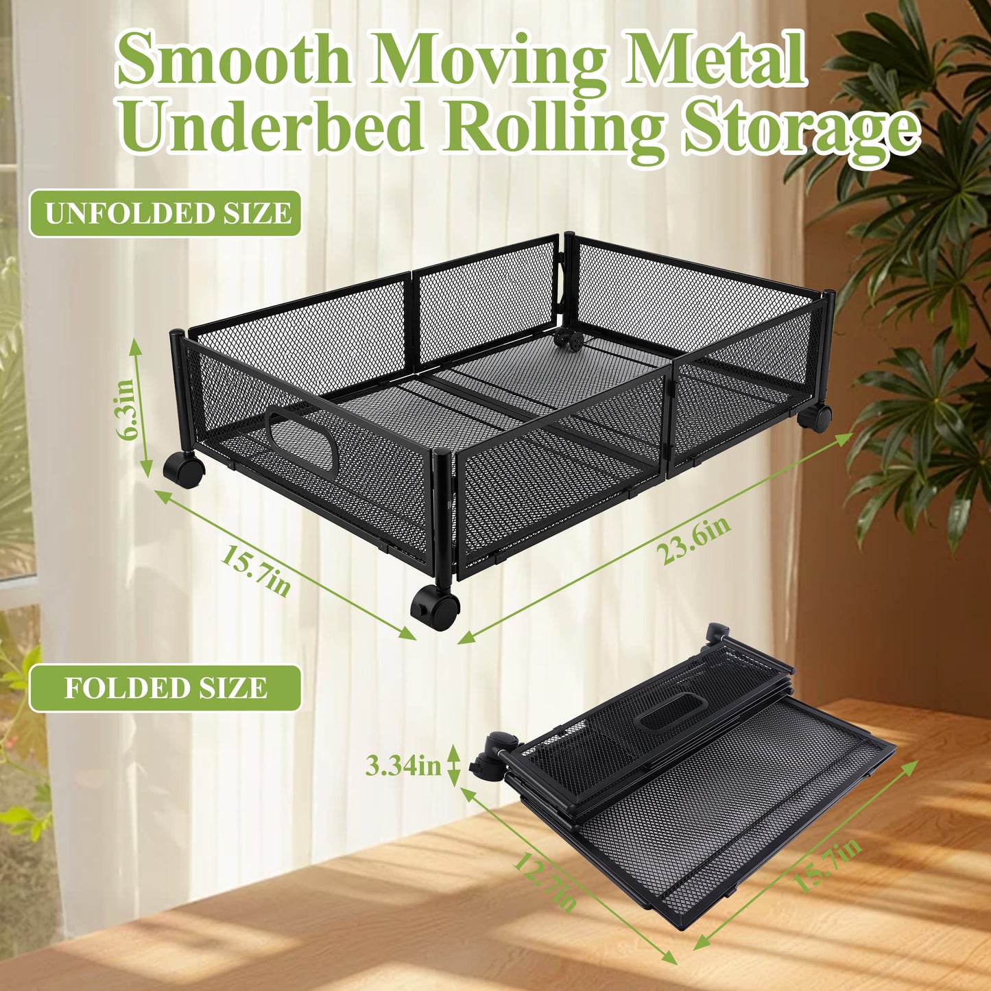 punada Under Bed Storage with Wheels, 2 Pack Metal Underbed Storage Containers, Rolling Drawers for Clothes, Shoes, Blankets, Bedroom Closet Organizer