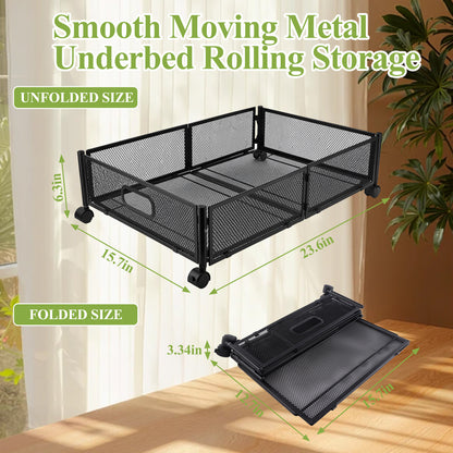 punada Under Bed Storage with Wheels, 2 Pack Metal Underbed Storage Containers, Rolling Drawers for Clothes, Shoes, Blankets, Bedroom Closet Organizer