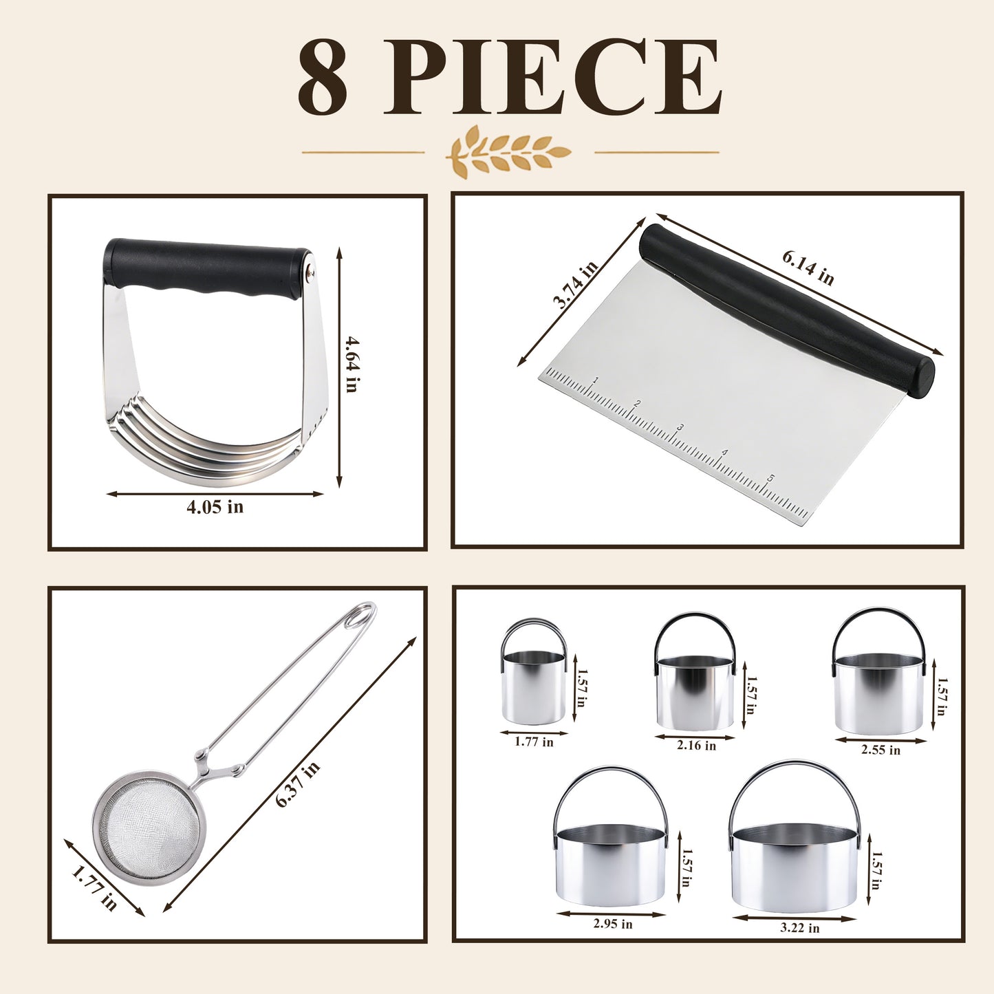 punada Stainless Steel Biscuit Cutter Set, Pastry Blender, Pastry Scraper, Round Cookie Cutters with Handle, Flour Sifter Ball for Baking, Pastry Cutter Set, Professional Baking Dough Tools (4 Pcs)