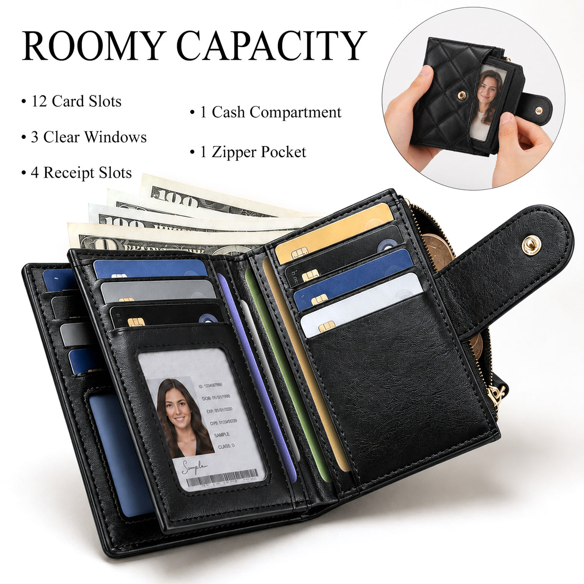 punada Women Bifold Wallet, PU Leather Slim Credit Card Holder with Zipper Coin Pocket, ID Window & Multiple Card Slots, Compact Daily Purse