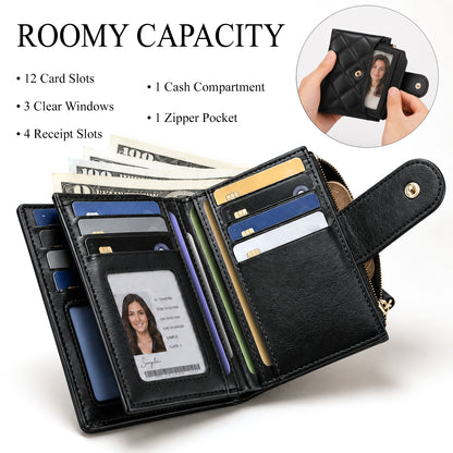 punada Women Bifold Wallet, PU Leather Slim Credit Card Holder with Zipper Coin Pocket, ID Window & Multiple Card Slots, Compact Daily Purse