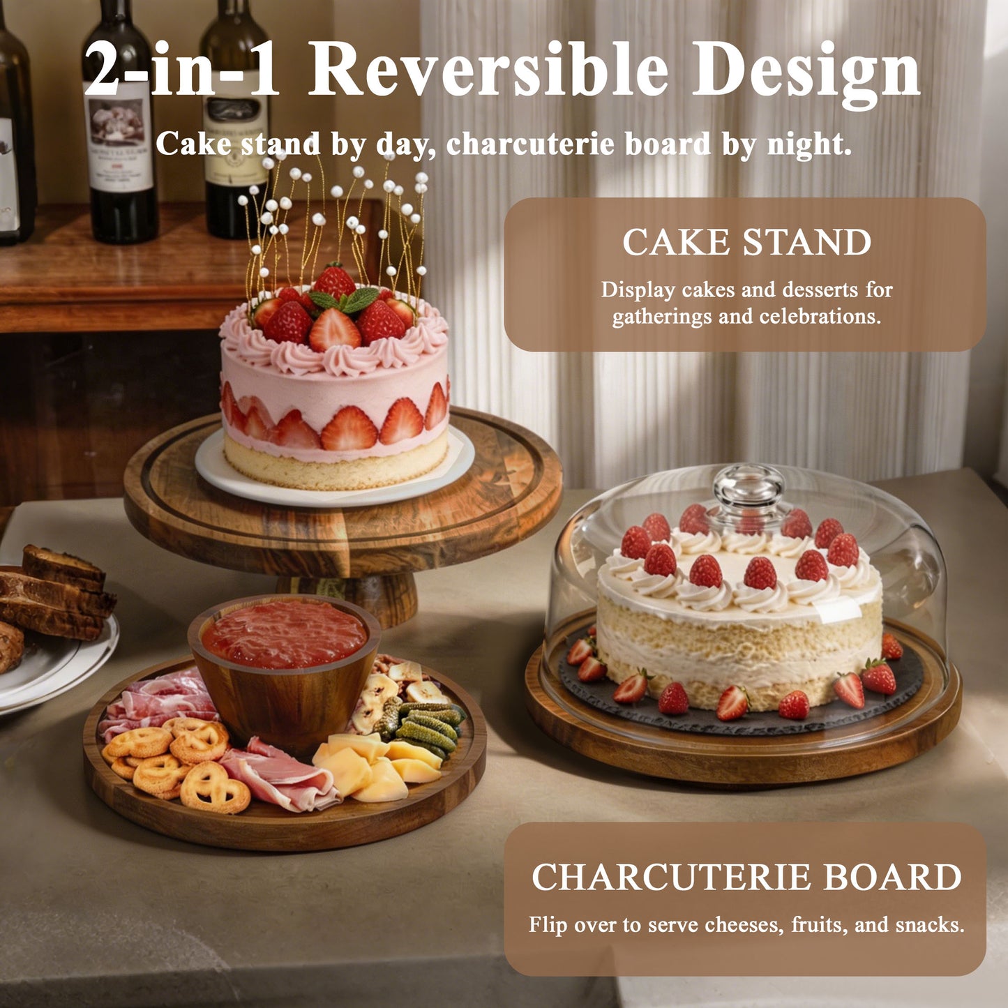 punada Acacia Wood Cake Stand with Lid, 11" Round Cake Stand with Acrylic Dome, 2-in-1 Dessert Display for Cake, Cheese, Chips, Fruit & Snacks