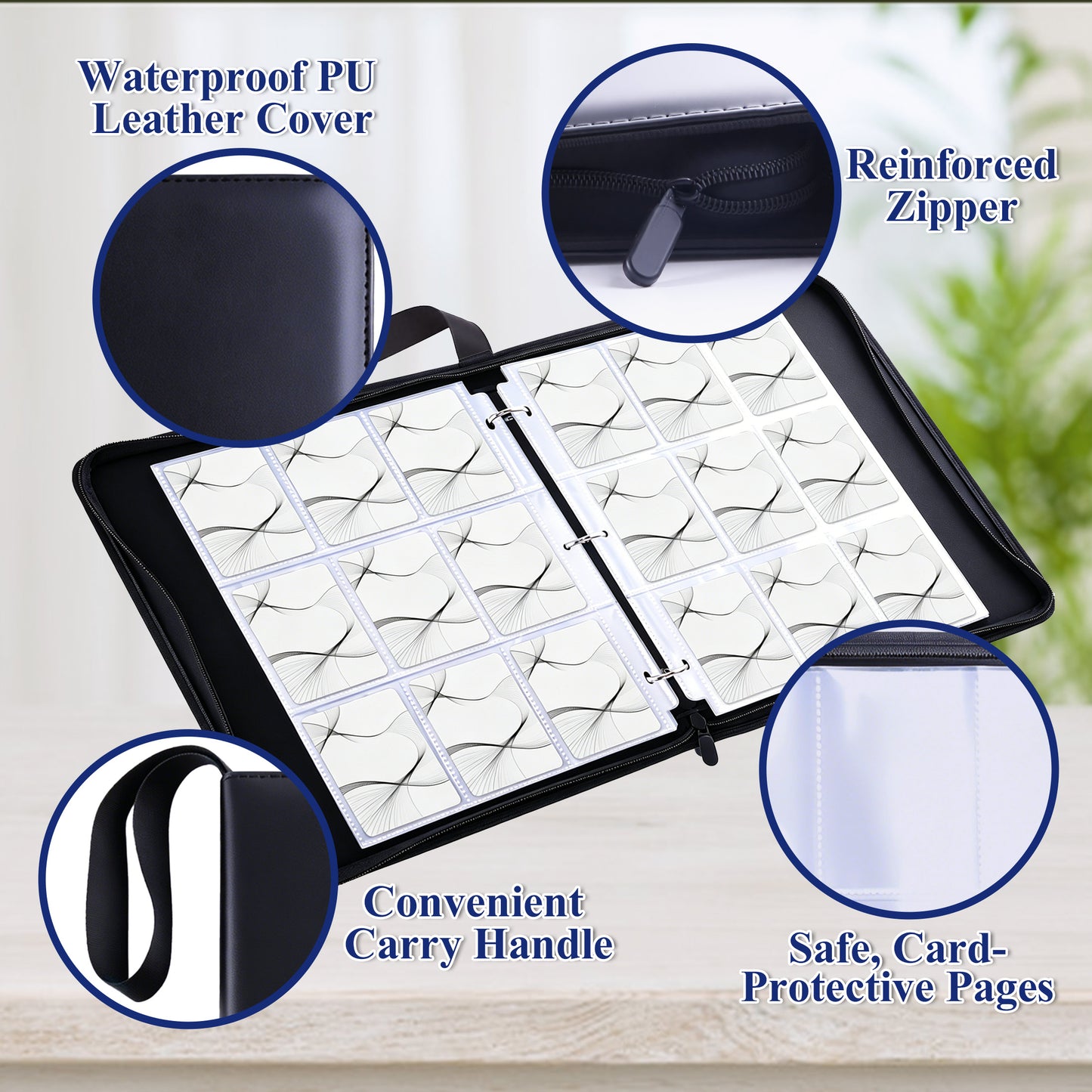 punada Card Binder, Trading Card Binder 1080 Pockets, Premium PU Collector Card Binder with Zipper Closure, Acid-Free Top Loading Pages, Water-Resistant Storage Album for Sports & Gaming Cards