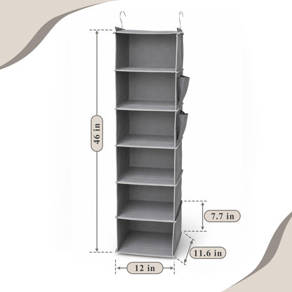 punada Hanging Closet Organizer, 6-Shelf Closet Hanging Storage Organizer with Side Pockets, Foldable Hanging Shelves for Clothes, Sweaters, Shoes and Accessories, Grey