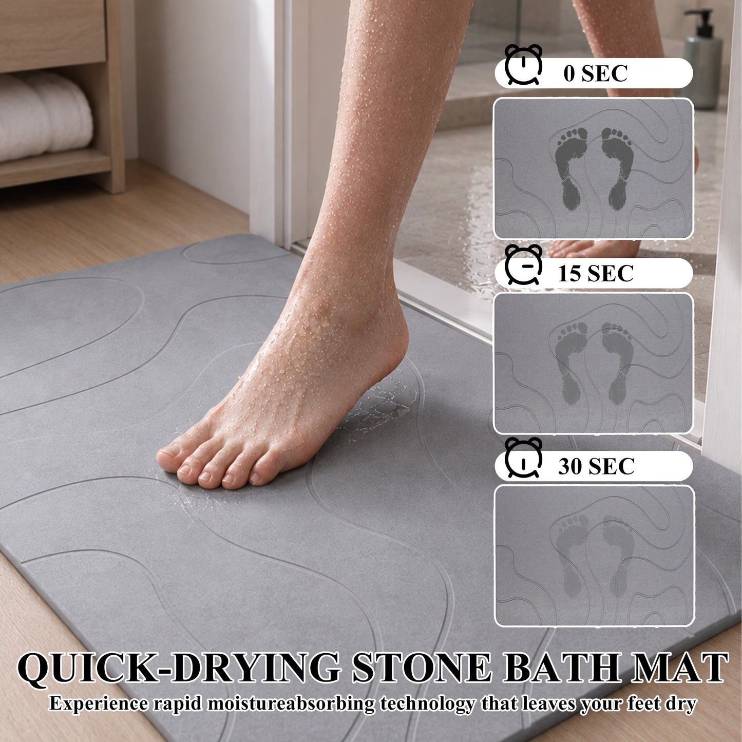 punada Stone Bath Mat, Quick-Dry Non-Slip Diatomaceous Earth Bath Mat, Super Absorbent Stone Shower Mat for Bathroom Floor, Easy to Clean, 23.6 x 15.4 Inch Grey