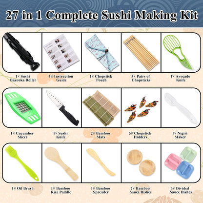 punada 27 Pack Sushi Making Kit for Beginners, Sushi Bazooka Roller, Bamboo Mats, Nigiri Mold with Knife, Chopsticks and Guide Book