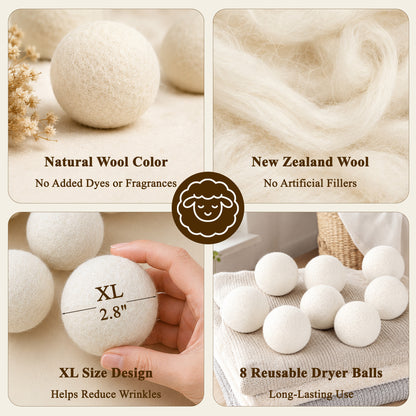 punada XL Wool Dryer Balls 8 Pack, Reusable Laundry Dryer Balls, Reduce Static & Wrinkles, Natural Fabric Softener, Faster Drying for Clothes Towels Bedding