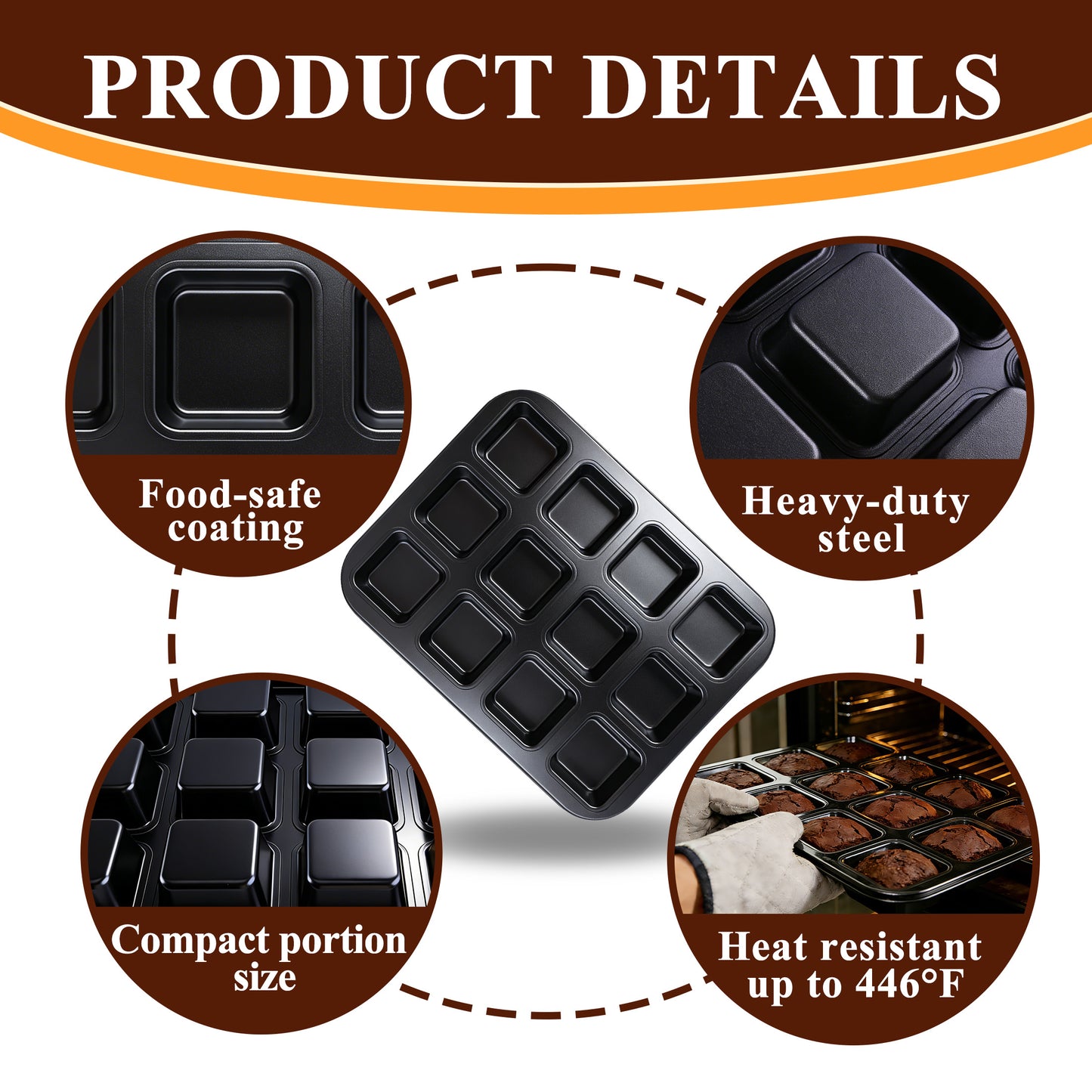 punada Brownie Pan with Dividers, 2 Pack 12-Cavity Nonstick Carbon Steel Square Muffin Pan, All Edges Design Baking Tray for Crispy Corner Brownies, Cupcakes and Cookies