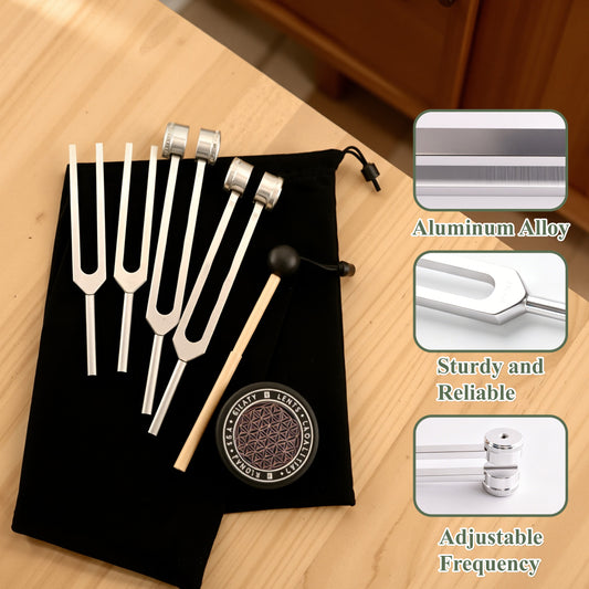 punada Tuning Forks for Healing Set, 128Hz, 136.1Hz, 512Hz, 528Hz Tuning Forks with Activator, Mallet & Bag, for Meditation, Yoga, Relaxation, Sound Healing at Home, Spa, Studio