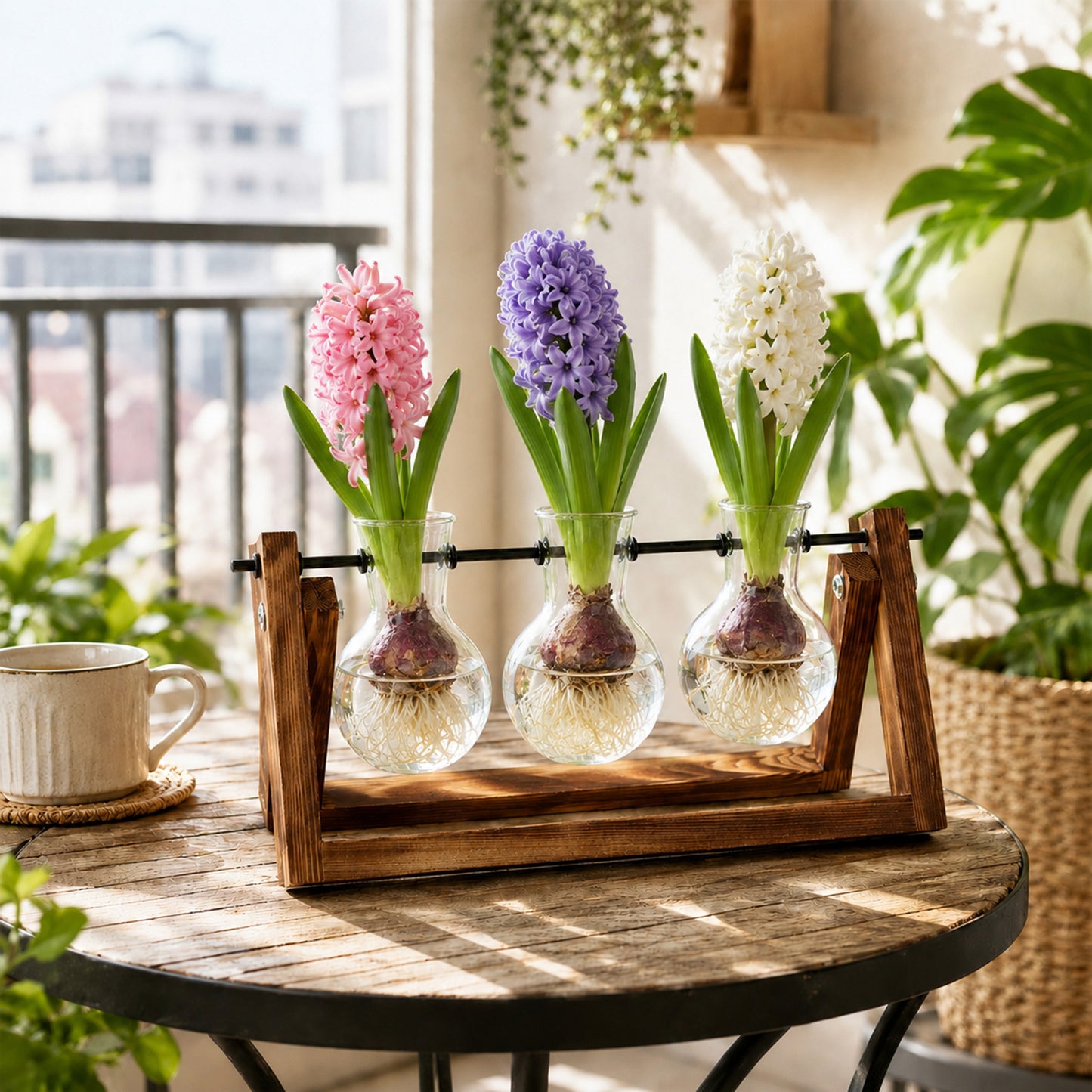 punada Propagation Vases, Plant Propagation Station with Wooden Stand and 3 Bulb Glass Vases, Hydroponic Plant Terrarium Holder for Indoor Plants
