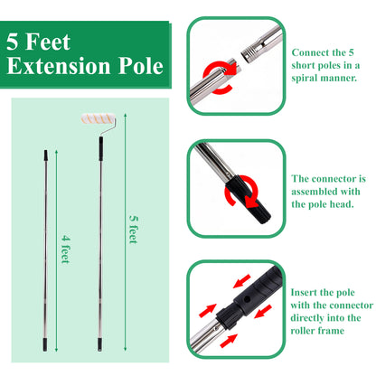 punada 5 FT Paint Roller Kit with Extension Pole, 9 Inch Paint Roller with Tray, 4 Inch Small Paint Roller, 4 FT Stainless Steel Pole, 10 Piece Painting Tool Set Suitable for House & Wall Painting