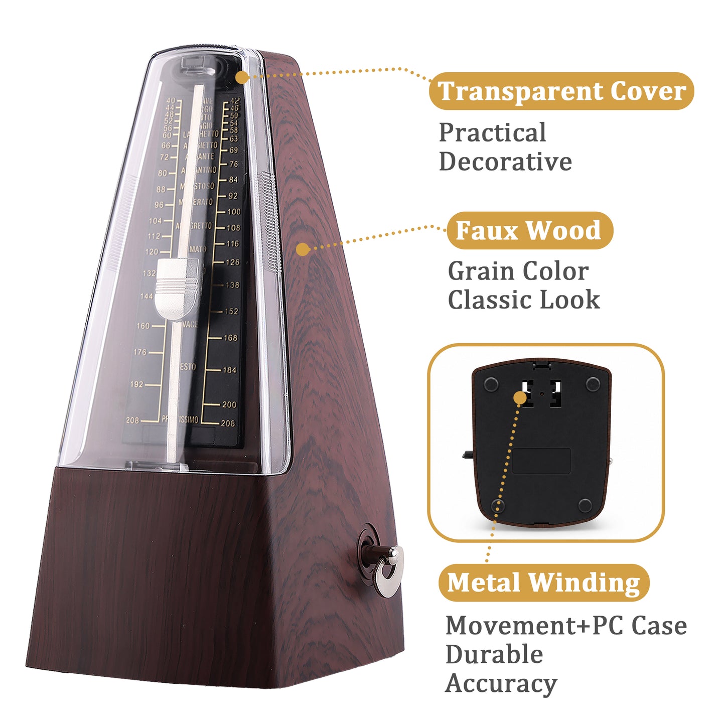 punada Mechanical Metronome for Piano Guitar, Wood Grained Loud Sound and Multiple Beat Modes, Accurate Beat for Beginners 1 Pack