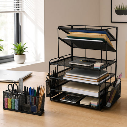 punada Desk Organizer with File Holder, 6 Tier Metal Desktop File Organizer with Pen Holders and Mesh Trays for Home, Office and Workspace