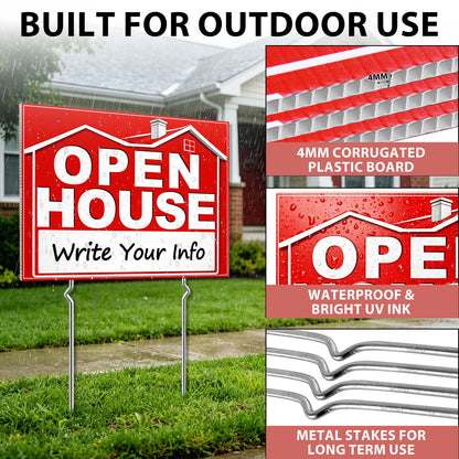 punada Open House Signs for Real Estate, 3 Pcs 17 x 13 inch and 2 Pcs 17 x 6 Inch Double-Sided Waterproof Open House Signs with Metal Stakes and Arrow Stickers for Realtor Sales