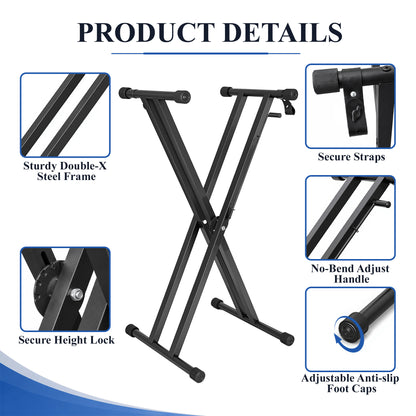 punada Keyboard Stand, Heavy Duty Double-X Piano Stand, Adjustable 6-Level Height, Foldable Steel Keyboard Stand with Safety Straps, Fits 54–88 Key Digital Keyboards & Electric Pianos