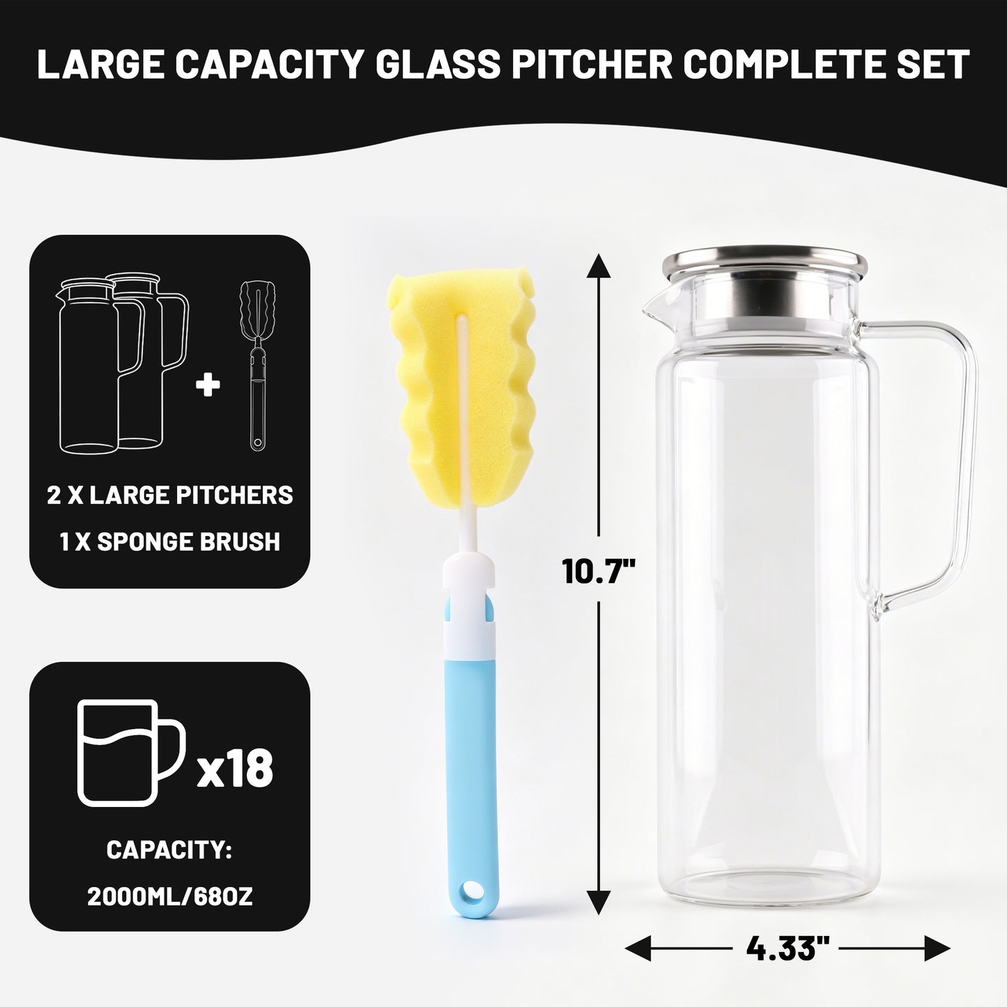 punada 2 Pack 2 Liter 68 oz Glass Pitchers with Lid and Spout, Glass Water Carafe for Hot & Cold Drinks, Large Jug for Iced Tea, Coffee, Juice, Milk, Beverage