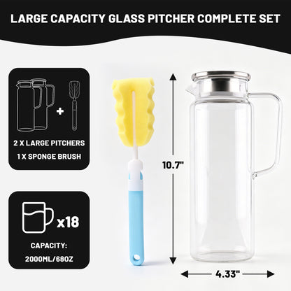 punada 2 Pack 2 Liter 68 oz Glass Pitchers with Lid and Spout, Glass Water Carafe for Hot & Cold Drinks, Large Jug for Iced Tea, Coffee, Juice, Milk, Beverage