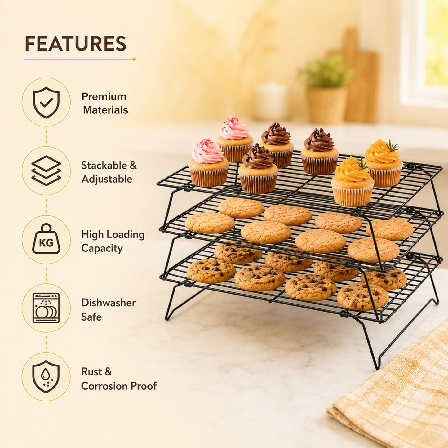 punada 3 Tier Stackable Cooling Racks for Cooking and Baking, 15" x 10" Carbon Steel Wire Baking Rack, Cookie Cooling Rack with Leg for Bacon Pizza Cake, Dishwasher Safe