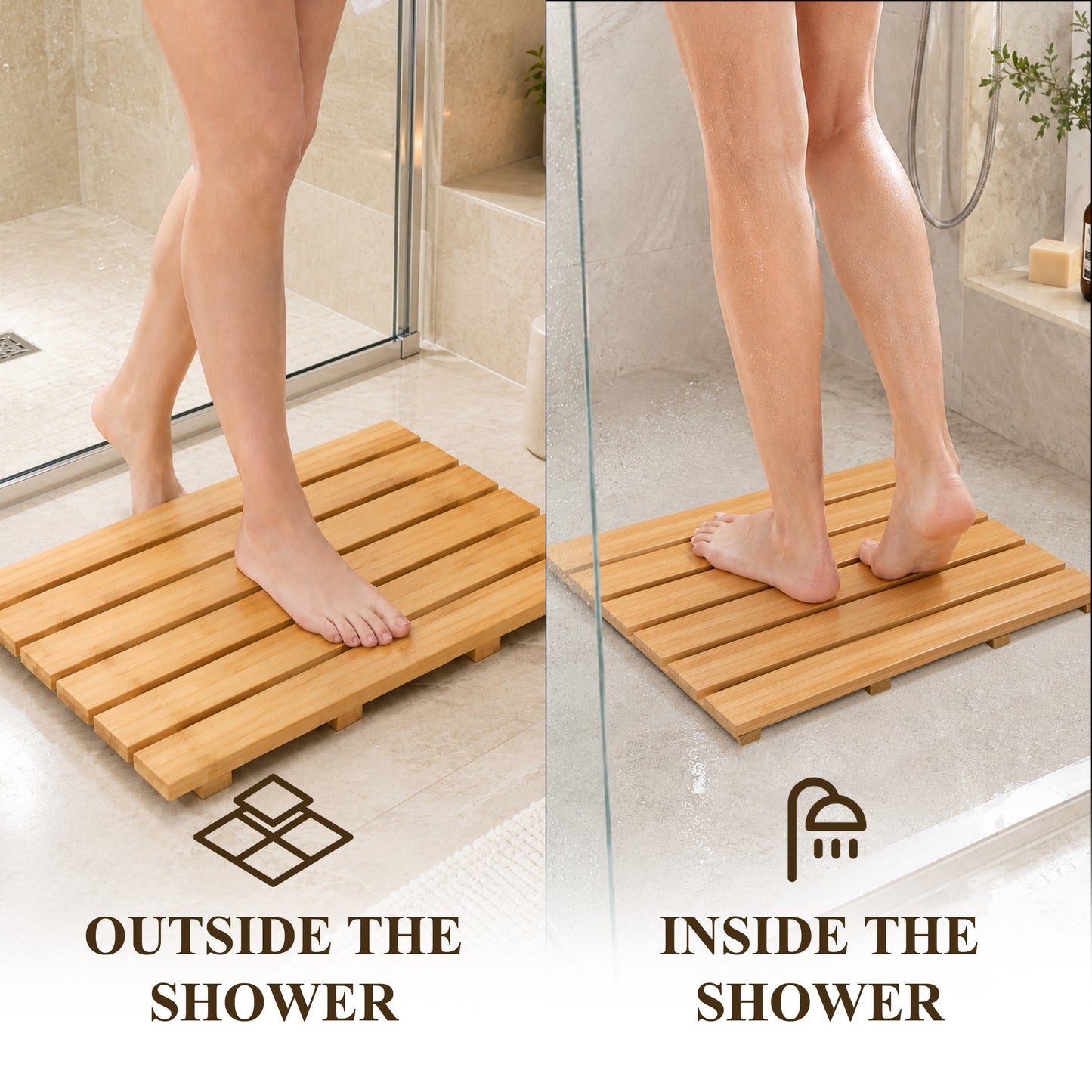 punada Bamboo Bath Mat, Non-Slip Waterproof Wooden Shower Mat for Bathroom, Bathtub, Sauna and Outdoor Use, Quick Dry Bamboo Floor Mat, 21.26 x 14.17 inch