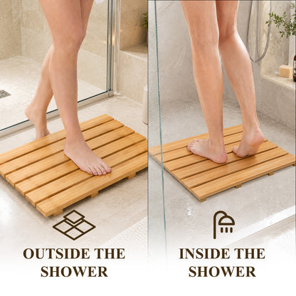 punada Bamboo Bath Mat, Non-Slip Waterproof Wooden Shower Mat for Bathroom, Bathtub, Sauna and Outdoor Use, Quick Dry Bamboo Floor Mat, 21.26 x 14.17 inch