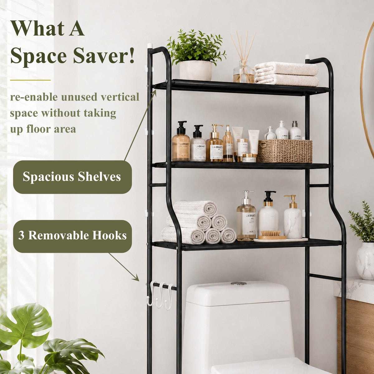 punada Bathroom Over The Toilet Storage Rack, 3-Tier Metal Bathroom Organizer Shelf Above Toilet with 3 Hooks, Freestanding Shelf Space Saver for Bathroom, Black, 59.84" H