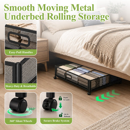 punada Under Bed Storage with Wheels, 2 Pack Metal Underbed Storage Containers, Rolling Drawers for Clothes, Shoes, Blankets, Bedroom Closet Organizer