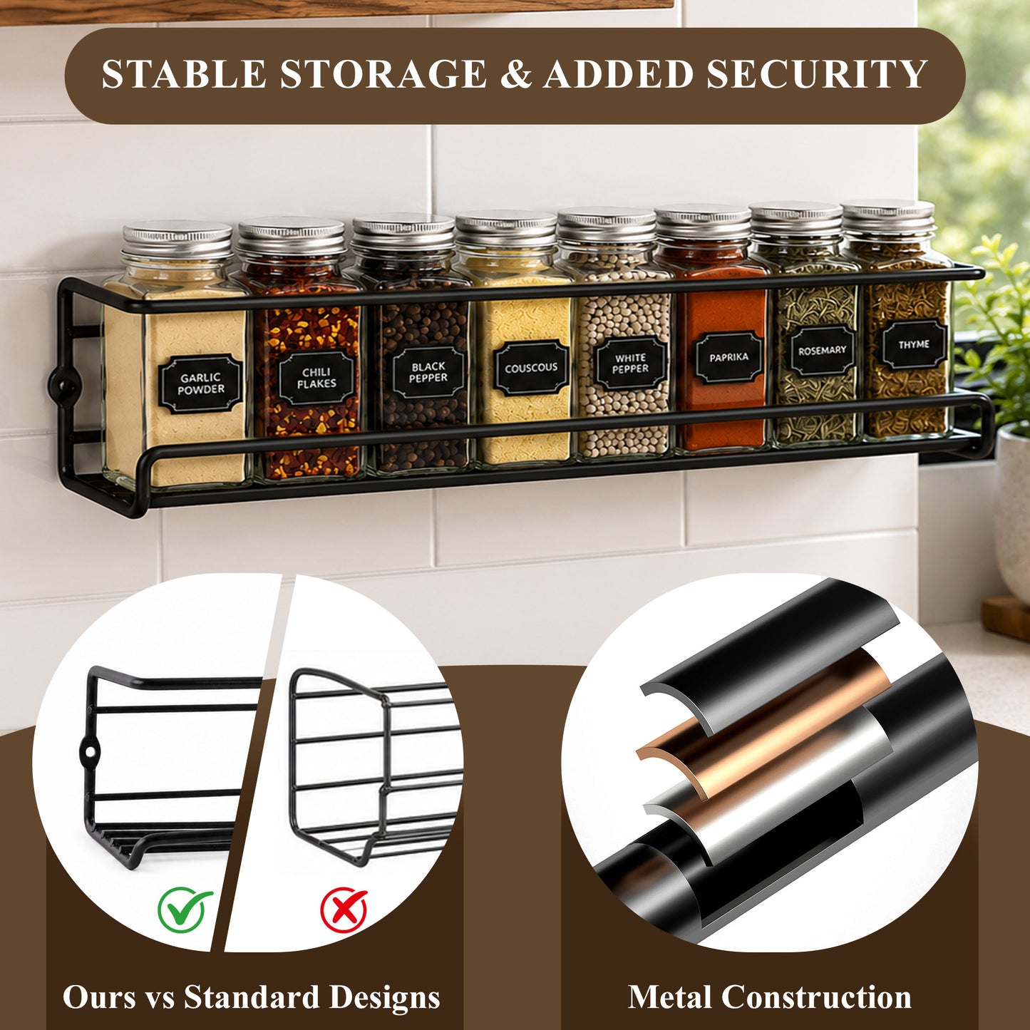 punada 4 Pack Wall Mounted Spice Rack, Space Saving Organizer for Kitchen Cabinet & Pantry Door, Screw or Adhesive Mount for Spice Jars, 11.41 x 2.55 x 2.55 in
