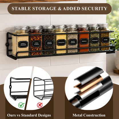 punada 4 Pack Wall Mounted Spice Rack, Space Saving Organizer for Kitchen Cabinet & Pantry Door, Screw or Adhesive Mount for Spice Jars, 11.41 x 2.55 x 2.55 in