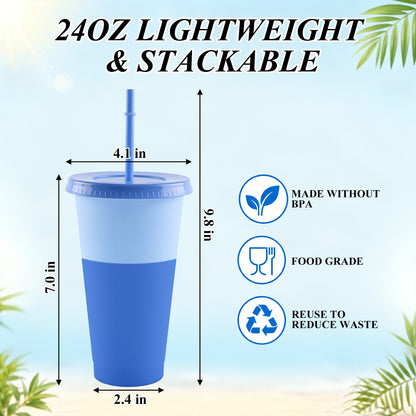 punada Reusable Cups with Lids and Straws, 6 Pack 24oz Color Changing Plastic Tumblers Set, Reusable Iced Coffee Travel Mugs, Drinking Cups for Party, Travel & Daily Use