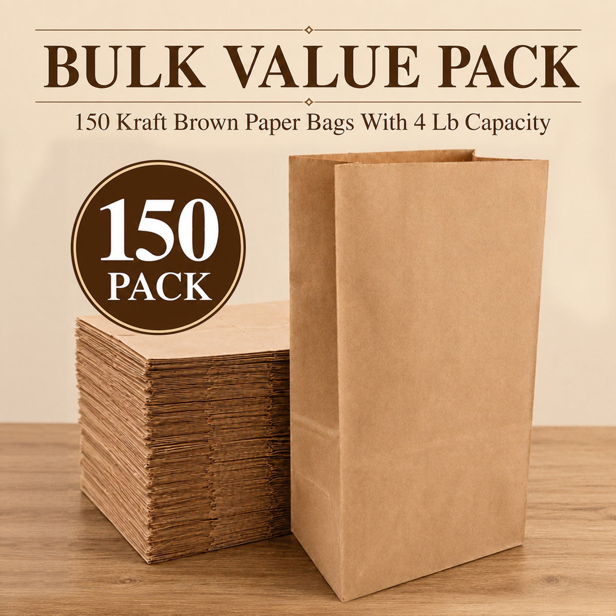 punada Paper Lunch Bags 150 Count, 4 lb Brown Kraft Lunch Bags, Bulk Disposable Lunch Sacks, Small Blank Bags for Snacks, Sandwiches, Groceries, Arts and Crafts, Gift Packaging