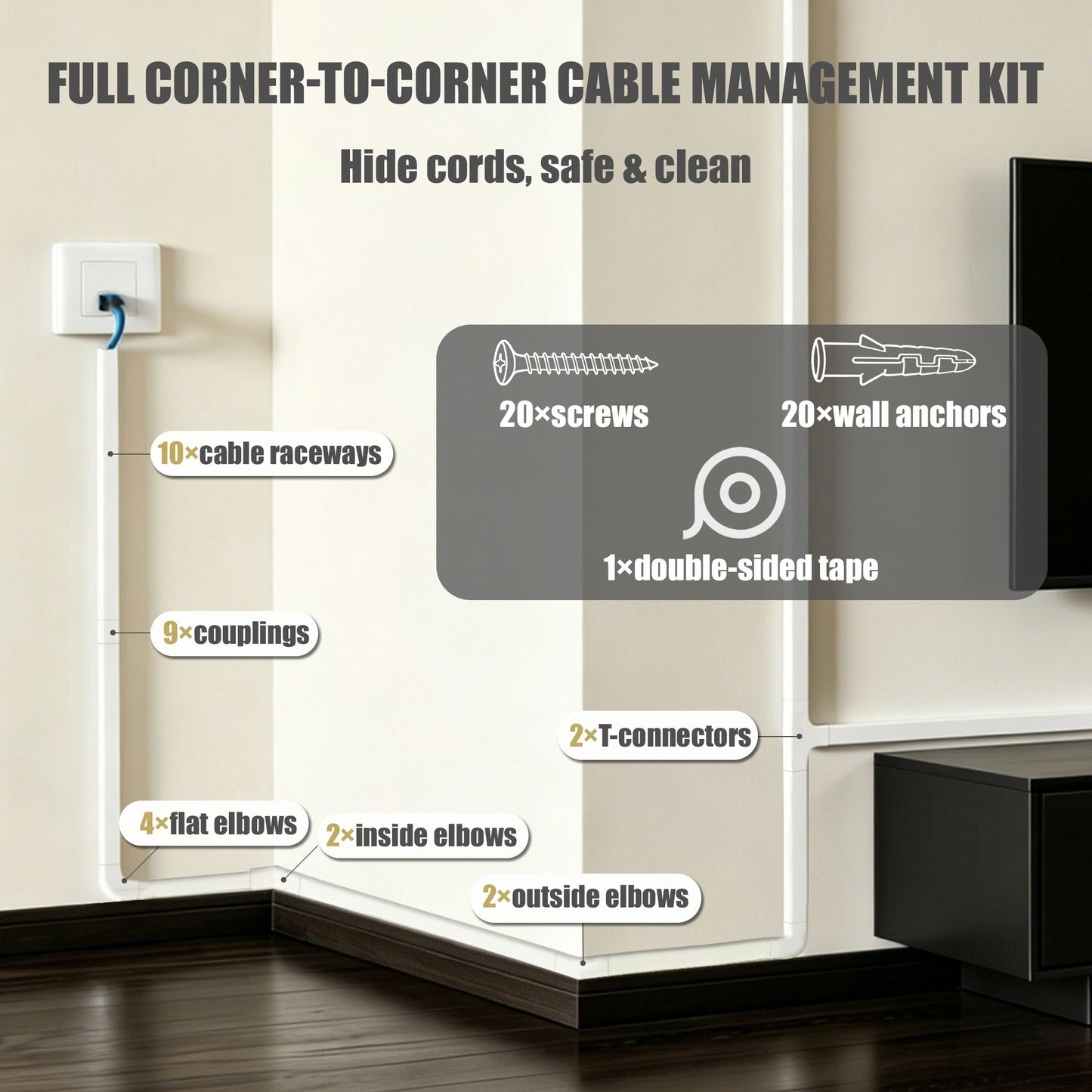 punada Cord Hider, 157in Cable Management Raceway Kit, Wire Covers for Cords on Wall, Paintable Cable Concealer & Cord Hider for Wall Mounted TV, 1.18" (W) x 0.59" (H), White
