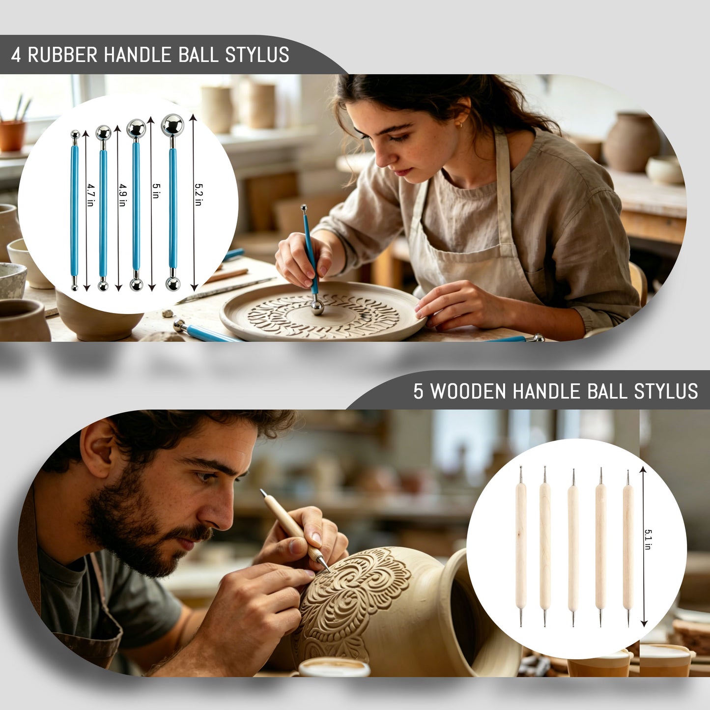 punada Clay Tools Kit 39PCS, Clay Sculpting Tools with Silicone Tips, Wooden & Plastic Pottery Tools for Polymer Clay & Air Dry Clay, Modeling, Carving, Shaping, Detailing Set with Storage Bag