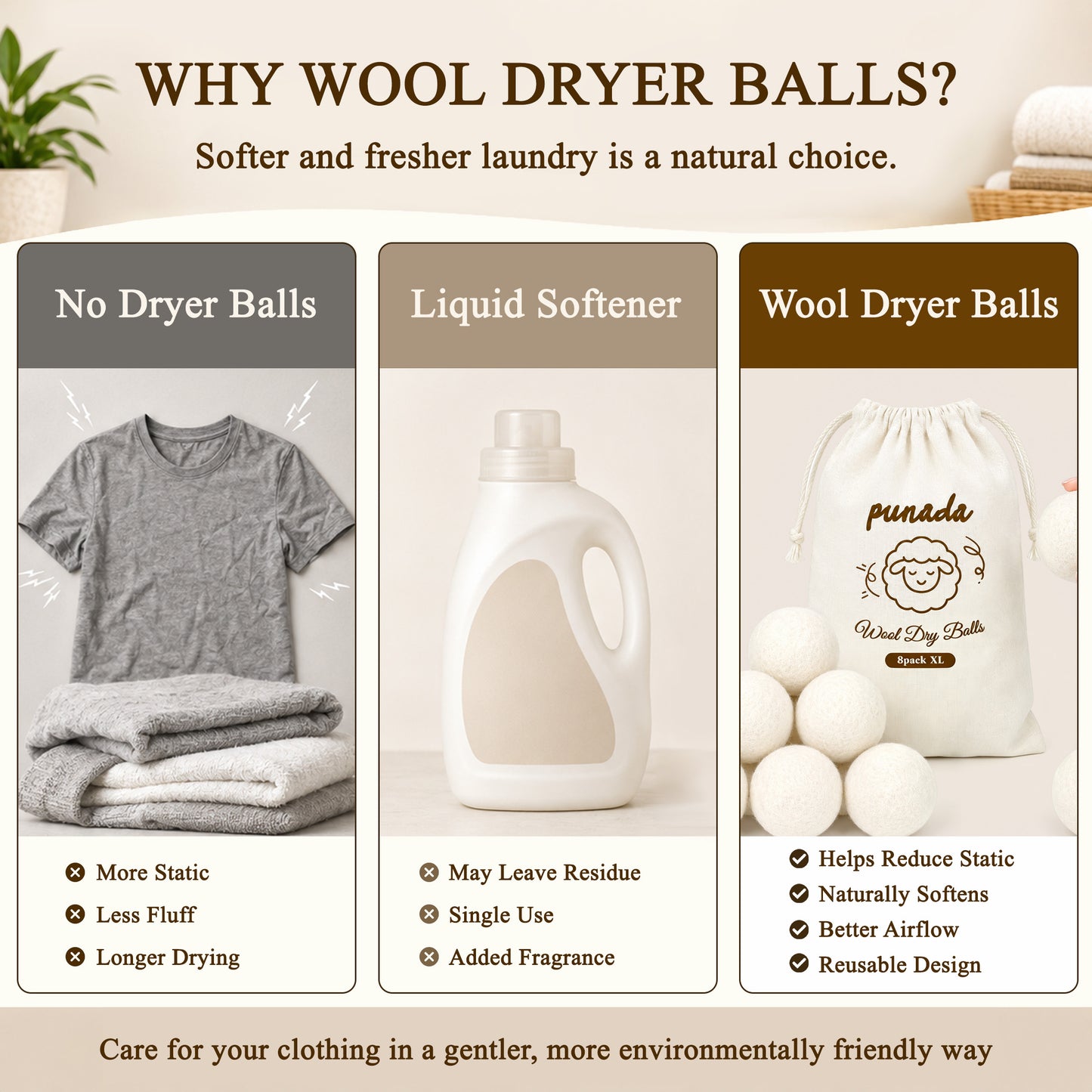 punada XL Wool Dryer Balls 8 Pack, Reusable Laundry Dryer Balls, Reduce Static & Wrinkles, Natural Fabric Softener, Faster Drying for Clothes Towels Bedding