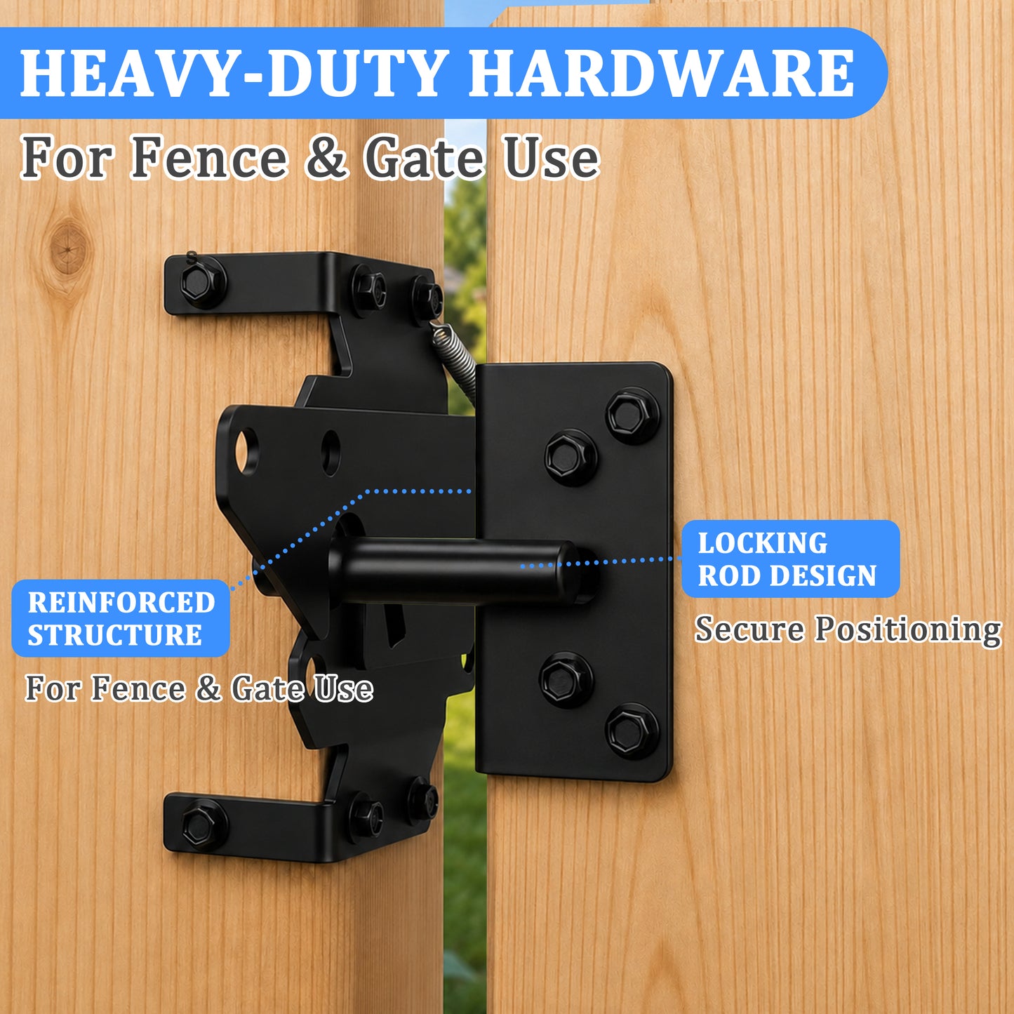 punada Gate Latch for Wooden Fence, Heavy Duty Self Locking Gravity Gate Lock, Post Mount Hardware for Wood and Vinyl Fence, Pool Yard Garden, Black