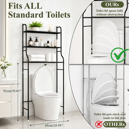 punada Bathroom Over The Toilet Storage Rack, 3-Tier Metal Bathroom Organizer Shelf Above Toilet with 3 Hooks, Freestanding Shelf Space Saver for Bathroom, Black, 59.84" H