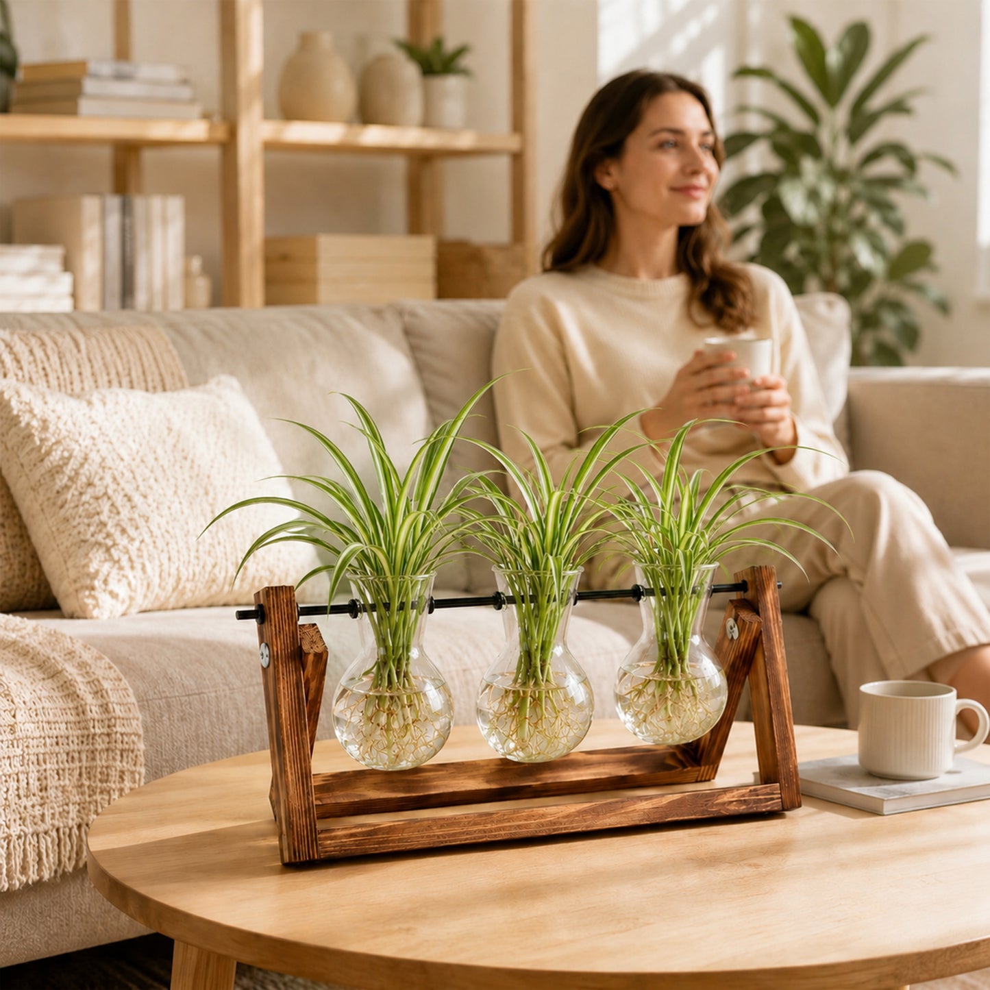 punada Propagation Vases, Plant Propagation Station with Wooden Stand and 3 Bulb Glass Vases, Hydroponic Plant Terrarium Holder for Indoor Plants