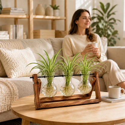 punada Propagation Vases, Plant Propagation Station with Wooden Stand and 3 Bulb Glass Vases, Hydroponic Plant Terrarium Holder for Indoor Plants