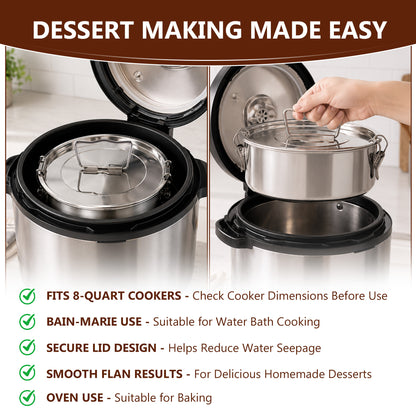 punada Stainless Steel Flan Mold, 304 Flanera Flan Pan with Lid and Handle, 1.5 QT Round Flan Molds for Baking Cheesecake Flan Pudding, Compatible with Pot 6QT/8QT