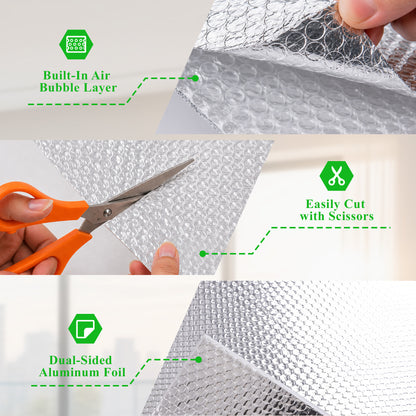 punada Reflective Insulation Roll, 48" x 10 Ft Double-Sided Aluminum Foil Bubble Insulation, Radiant Heat Reflective Insulation Sheet for Window, RV, Roof & Garage Door